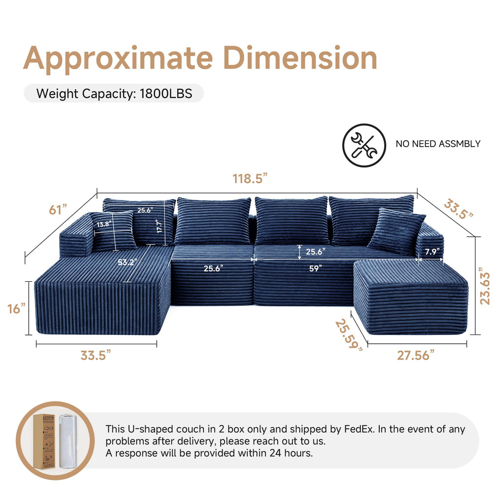 118" Modular Sectional Sofa with Chaise & Ottoman, Navy Blue