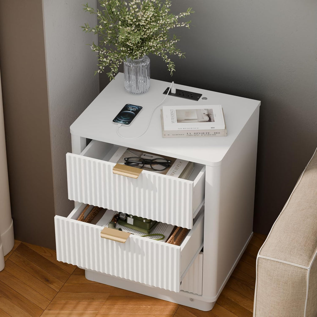 Led Fluted Nightstand, Smart Curved Night Stand with Charging Station Lighting, Wood End Table with 3 Drawers, Modern