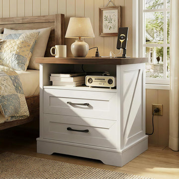 24 Inch Farmhouse Nightstand with Charging Station, Wood Bedside Table with 2 Drawers and Open Shelf, Rustic End