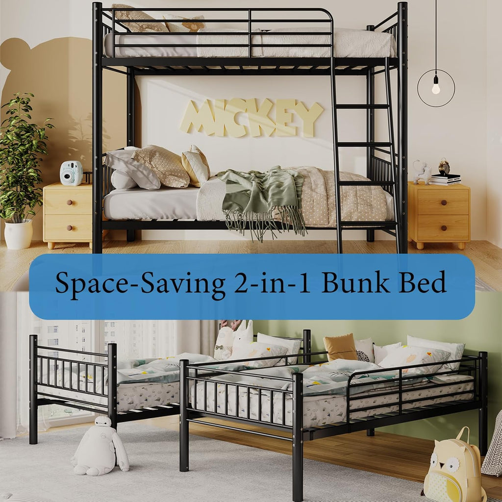 Bunk Bed Twin Over Twin, Metal Bed Frame, Twin Bunk Bed with Stairs and Safety Guardrail, No Box Spring Needed