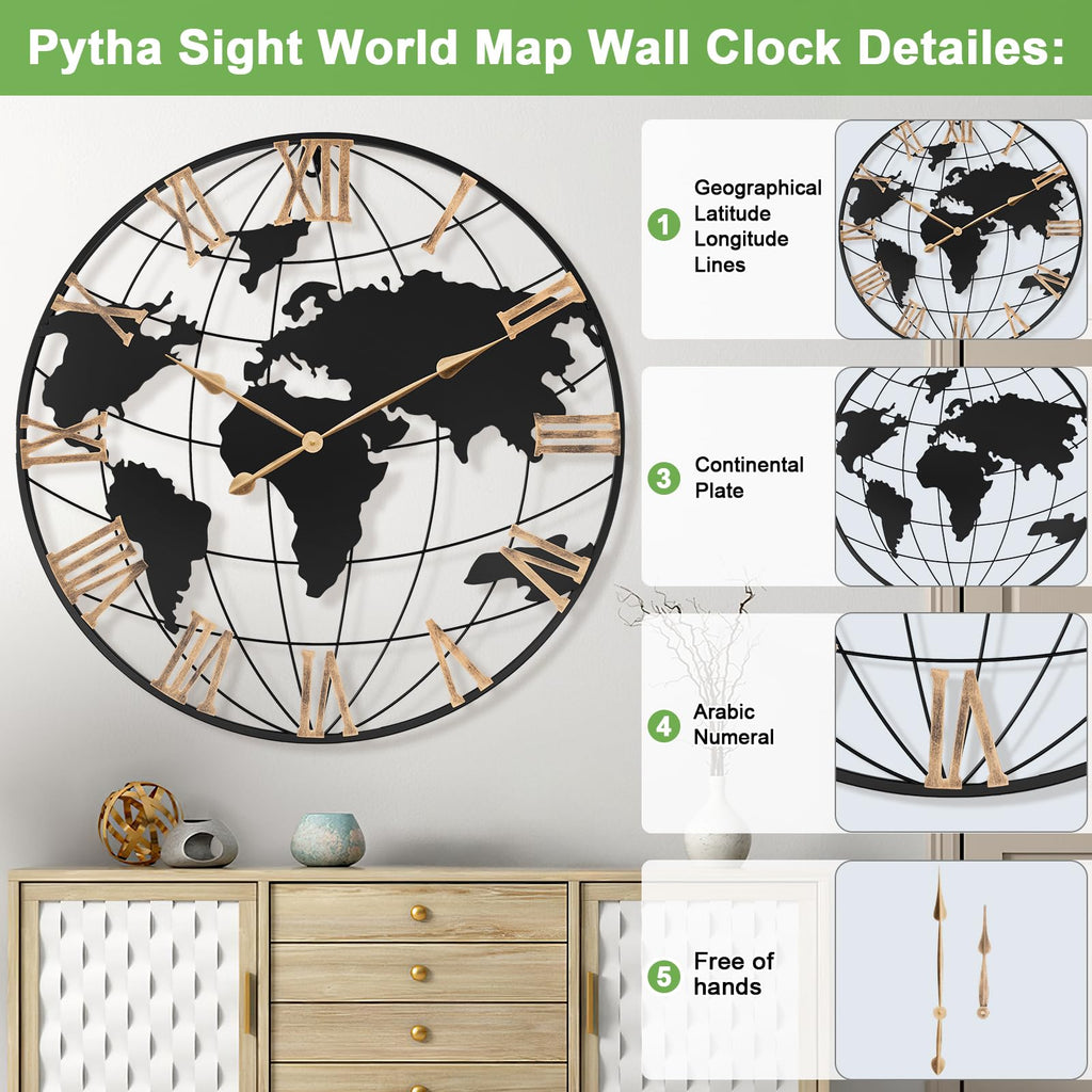 36 Inch Large Extra Metal Oversized Roman World Map Wall Clock