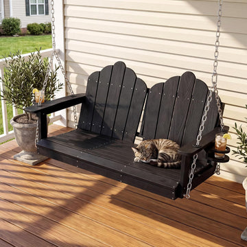 Porch Swing Bench for Adults, HDPE Wood Grain Outdoor Swing, Black | 2 seat for a couple or parent and child; two cup