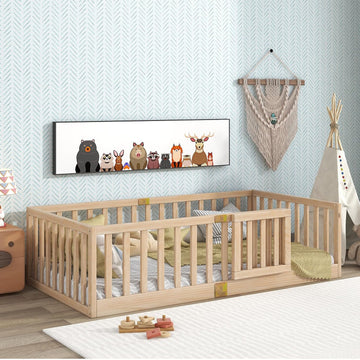 Twin Montessori Floor Bed with High Rails, Solid Wood Montessori Bed Frame for Kids, Door Can Install Left and Right