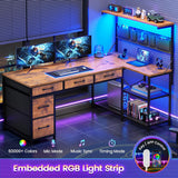 L Shaped Desk with 5 Drawers and Storage Shelves, Reversible Computer Desk with Bookshelf