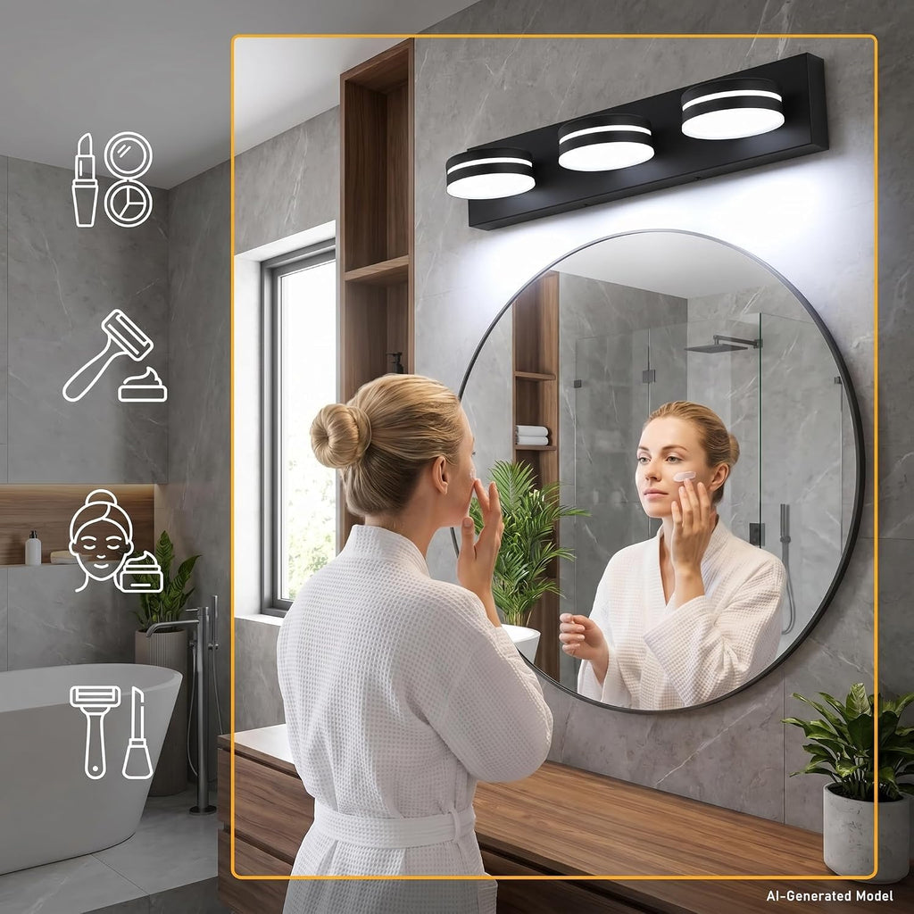 3-Light Bathroom Vanity Light Over Mirror, (24inch Dimmable) Matte Black LED Vanity Lighting Fixtures, Modern