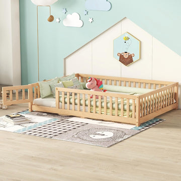 Full Size Montessori Floor Bed with Slats and Center Support Bar, Full Size Floor Bed with Door and Fence, Easy