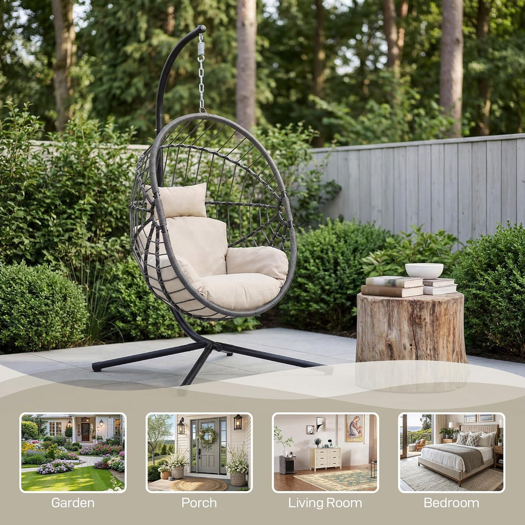 Hanging Egg Chair with Stand - 350lbs Capacity Outdoor Patio & Indoor Living Room Furniture, Waterproof PE Rattan