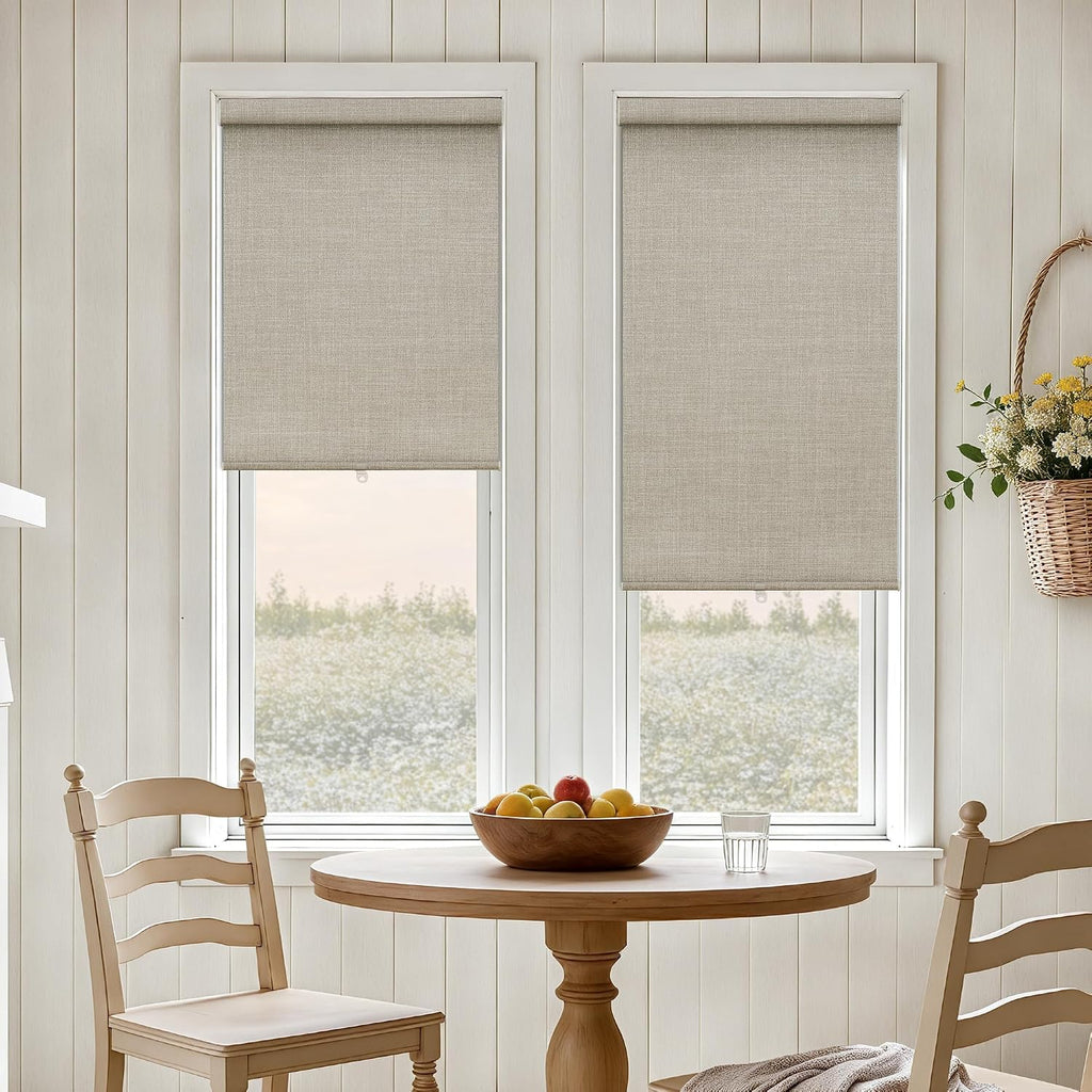 100% Blackout Roller Shades for Windows Cordless Linen Fabric Roller Blinds Thermal Insulated UV Protection Shades