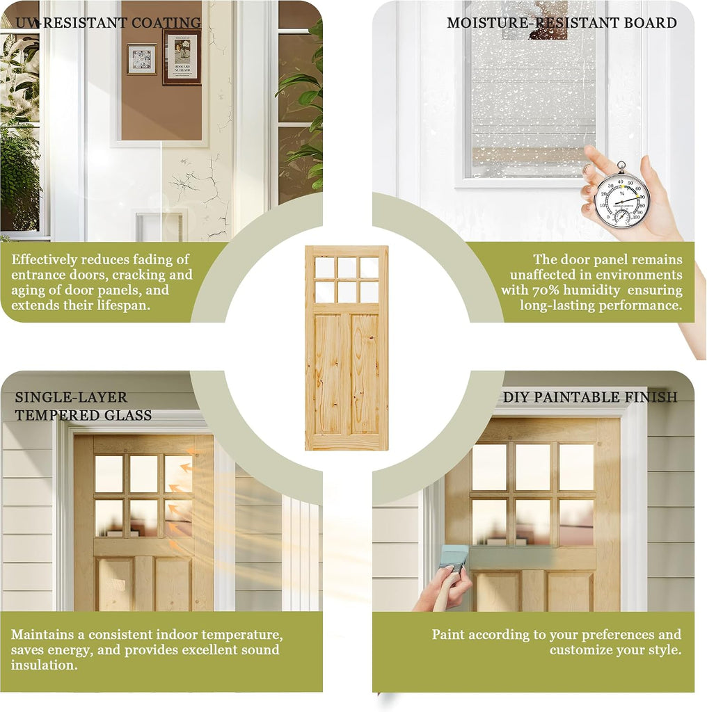 Entry Door, 30" x 80", 6-Panel Clear Glass Front Door, Solid Wood & MDF Exterior Doors, Waterproof Primed, Easy DIY
