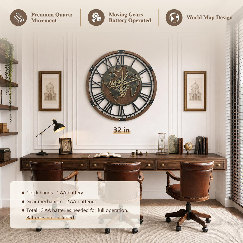 Large Wall Clock Decorative: 32" Moving Gear Clocks Battery Operate