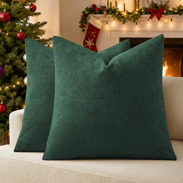 Christmas Twill Chenille Throw Pillow Covers Pack of 2, 24"x24" Dark Green