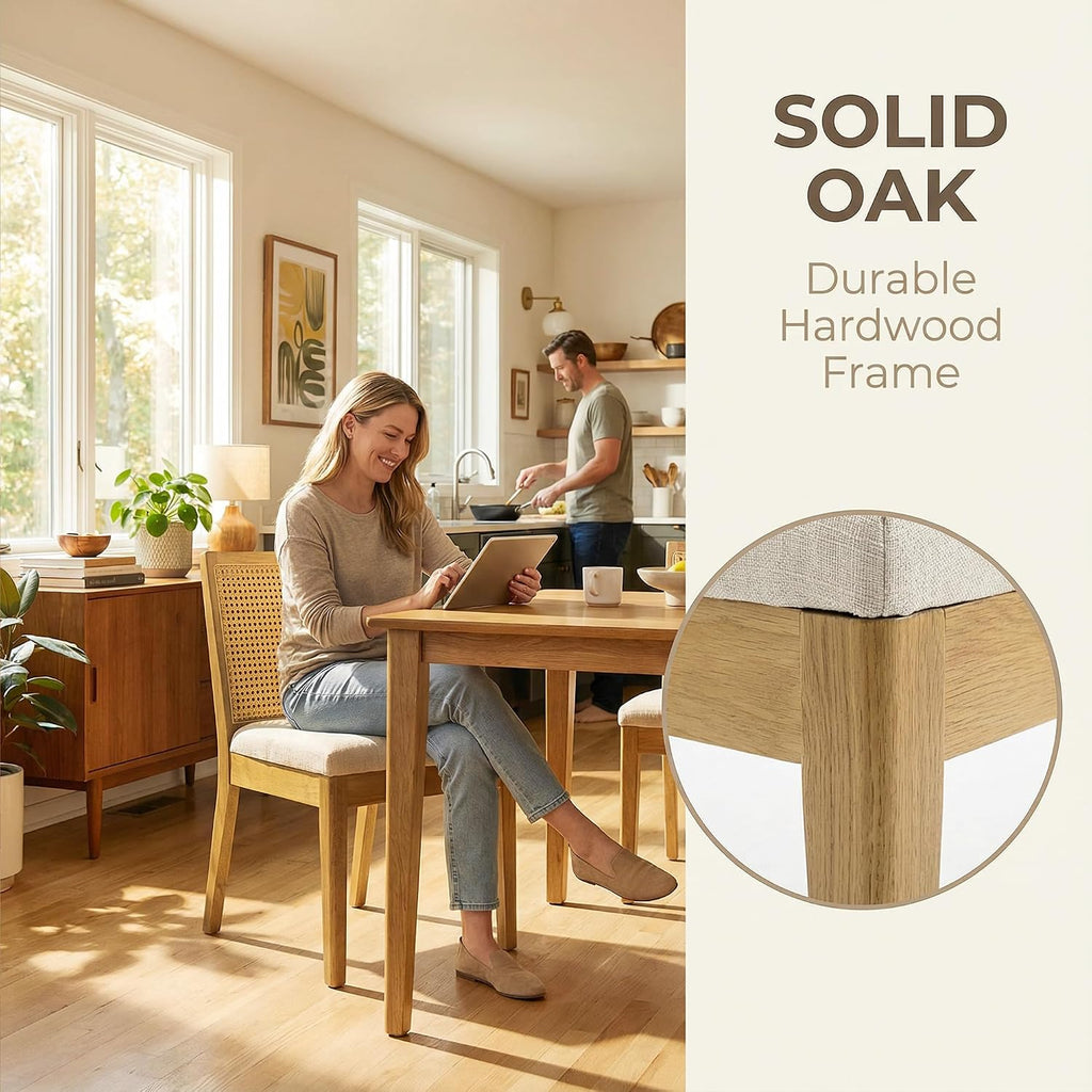 Farmhouse Rattan Dining Chairs Set of 4, Natural Solid Hardwood Frame, Upholstered Linen Seat, Ergonomic Cane Back