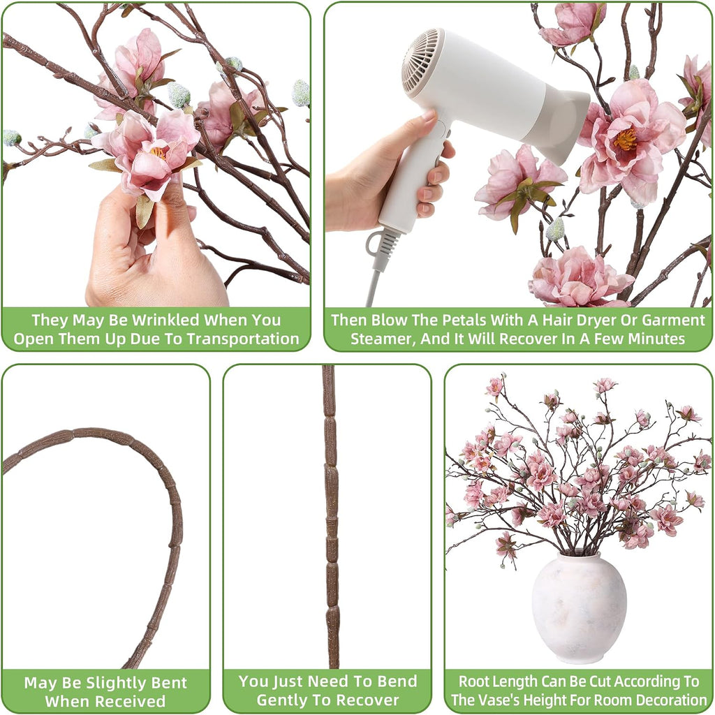 3PCS Artificial Magnolia Flowers Stems for Spring Decoration, Faux Pink Magnolia Branches with Buds, 34.5" Long Stems
