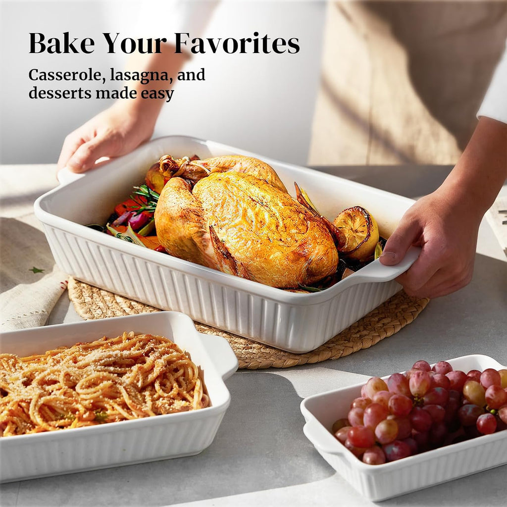Casserole Dishes for Oven, Dishes Set, Ceramic Bakeware Sets of 3, Lasagna Pan Deep, Rectangular Pan Set with Handles