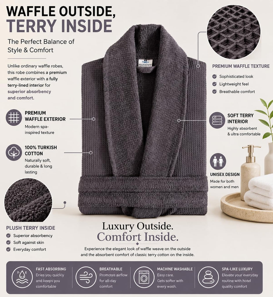 Cotton Waffle Bathrobe, Luxury Spa Hotel Shawl Collar Robe for Women & Men, Plush Terry Inside