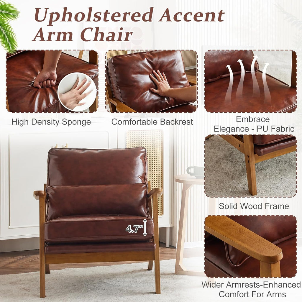 Solid Wood Wide Armrests Accent Chair,Upholstered Mid Century Modern Chair with Pillow,Comfy Reading Chair Farmhouse