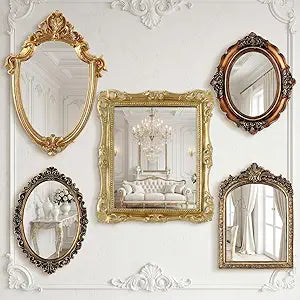 5 Pcs Vintage Gold Mirror Set for Wall Decorative Resin Frame Ornate Antique Hanging and Tabletop Mirror for Home