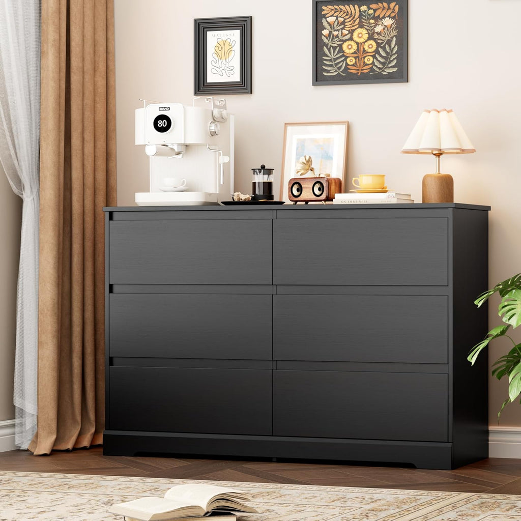 6 Drawer Double Dresser, Black Dresser, Modern 6 Chest of Drawers with Deep Drawers, Wide Storage Organizer Cabinet
