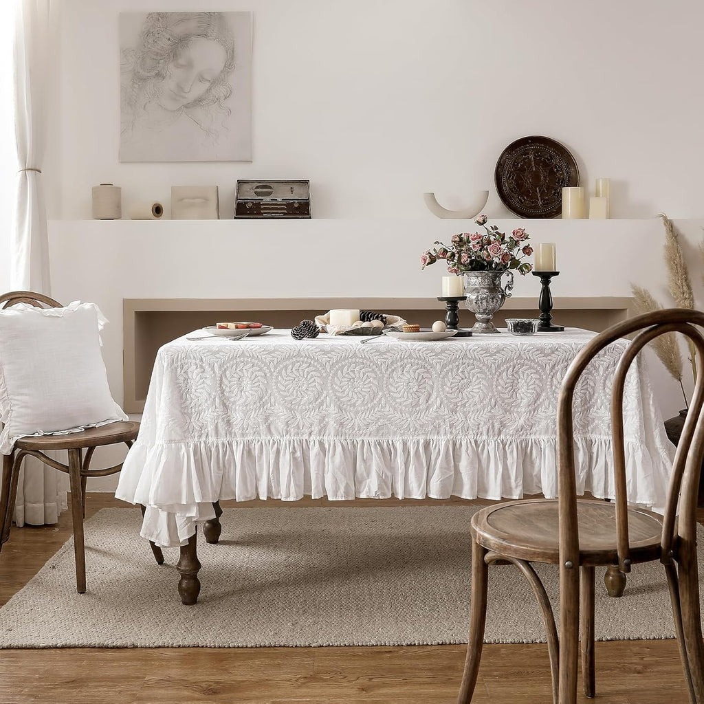 Vintage Ruffle Tablecloth for Rectangle Tables,Farmhouse Embroidered Cotton White Lace Table Cloth C