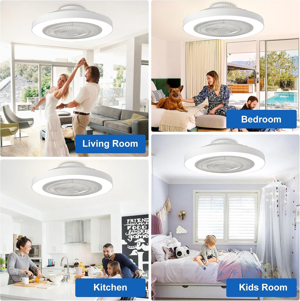 Modern Ceiling Fan with Light: 19" Bladeless Flush Mount Low Profile LED Ceiling Fans with Remote & Smart APP Control