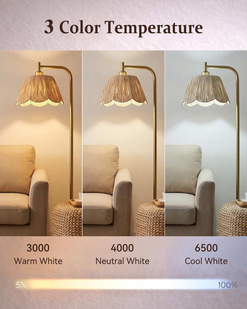 Boho Brushed Gold Floor Lamp with Remote, Flower-Inspired Shade
