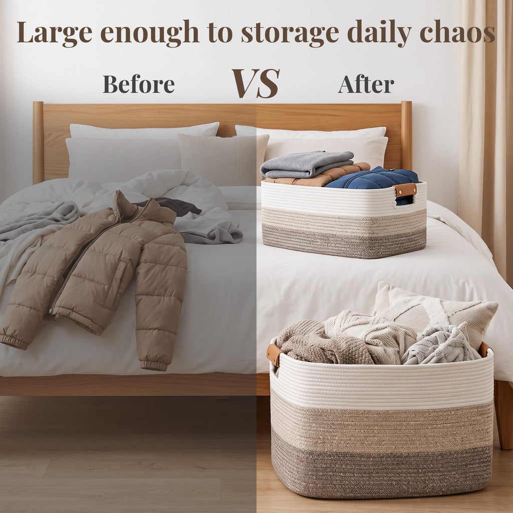 Blanket Basket, 72L Woven Storage basket with Leather Handle, Eco-friendly Decorative Storage Organization for Towels