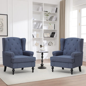 Accent Chair Set of 2, Mid Century Modern Fabric Wingback Chair, Upholstered Armchair with High Back and Vintage
