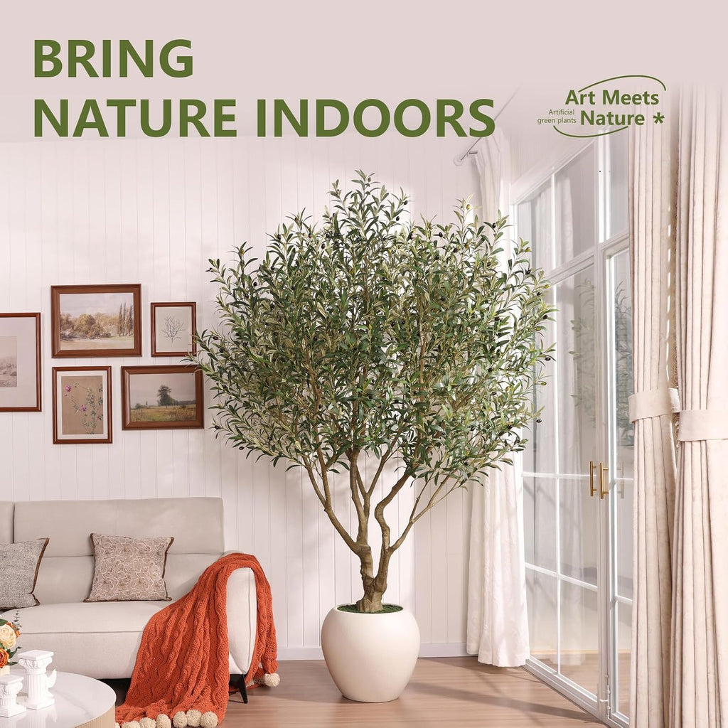 Artificial Olive Tree 8FT Faux Plant Home Decor - Large White Pot with Lifelike Silk Leaves, UV Resistant & No