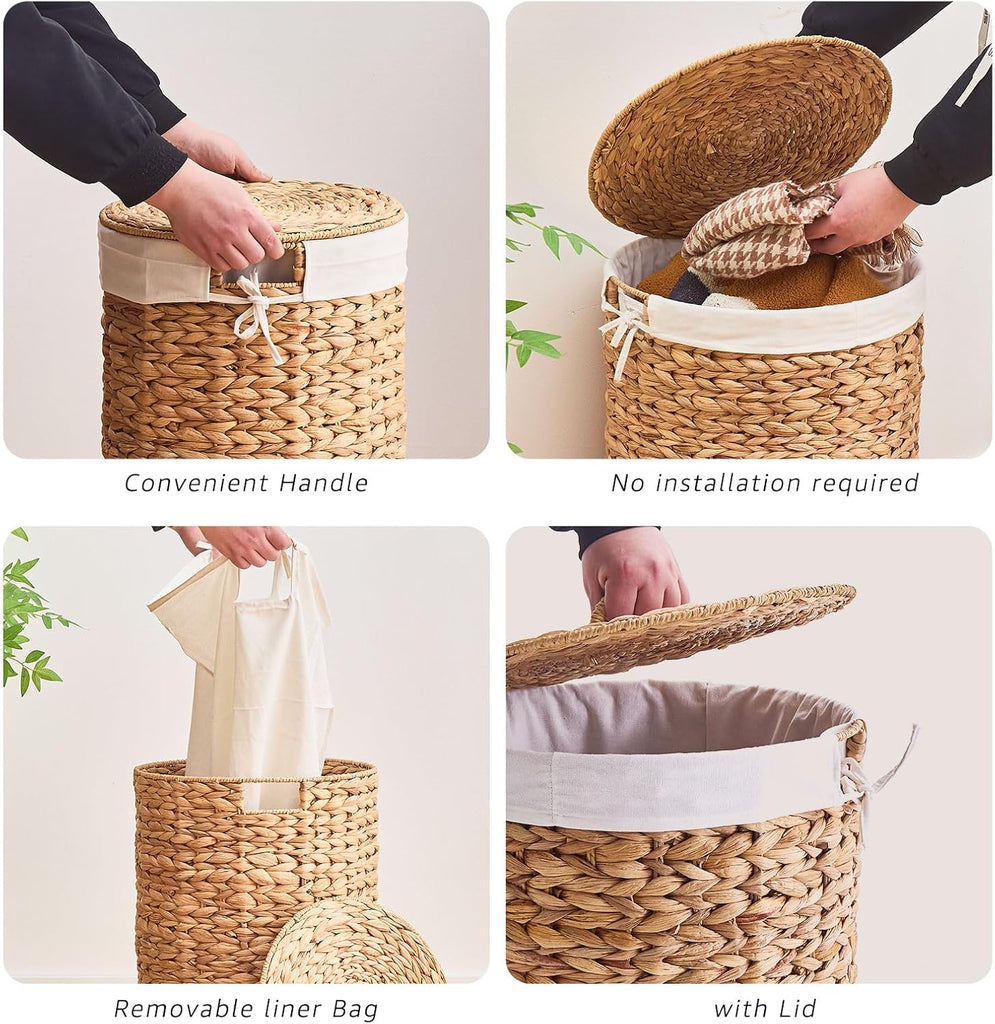 Round Water Hyacinth Laundry Hamper with Lid Handwoven Wicker Basket with Handles for Dirty Clothes, Storage, and