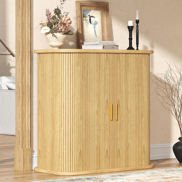 5-Tier Sliding Door Shoe Cabinet, Adjustable Shelves Wooden Shoe Storage with Gold Handle, Mid-Century Modern
