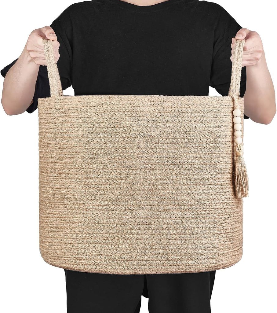 Woven Storage Basket for Blanket, Toys Plant Organizer, 16"W x 13.8"L | Brown, Jute, Decorative Basket with Handle