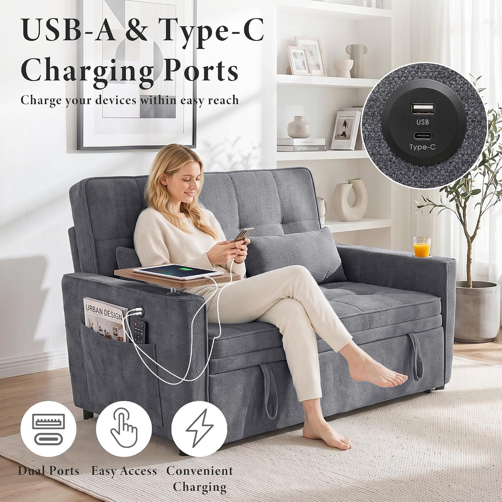 54'' Convertible Sleeper Sofa Bed with Swivel Side Table, Chenille Pull Out Couch , Loveseat Sleeper Couch with Side