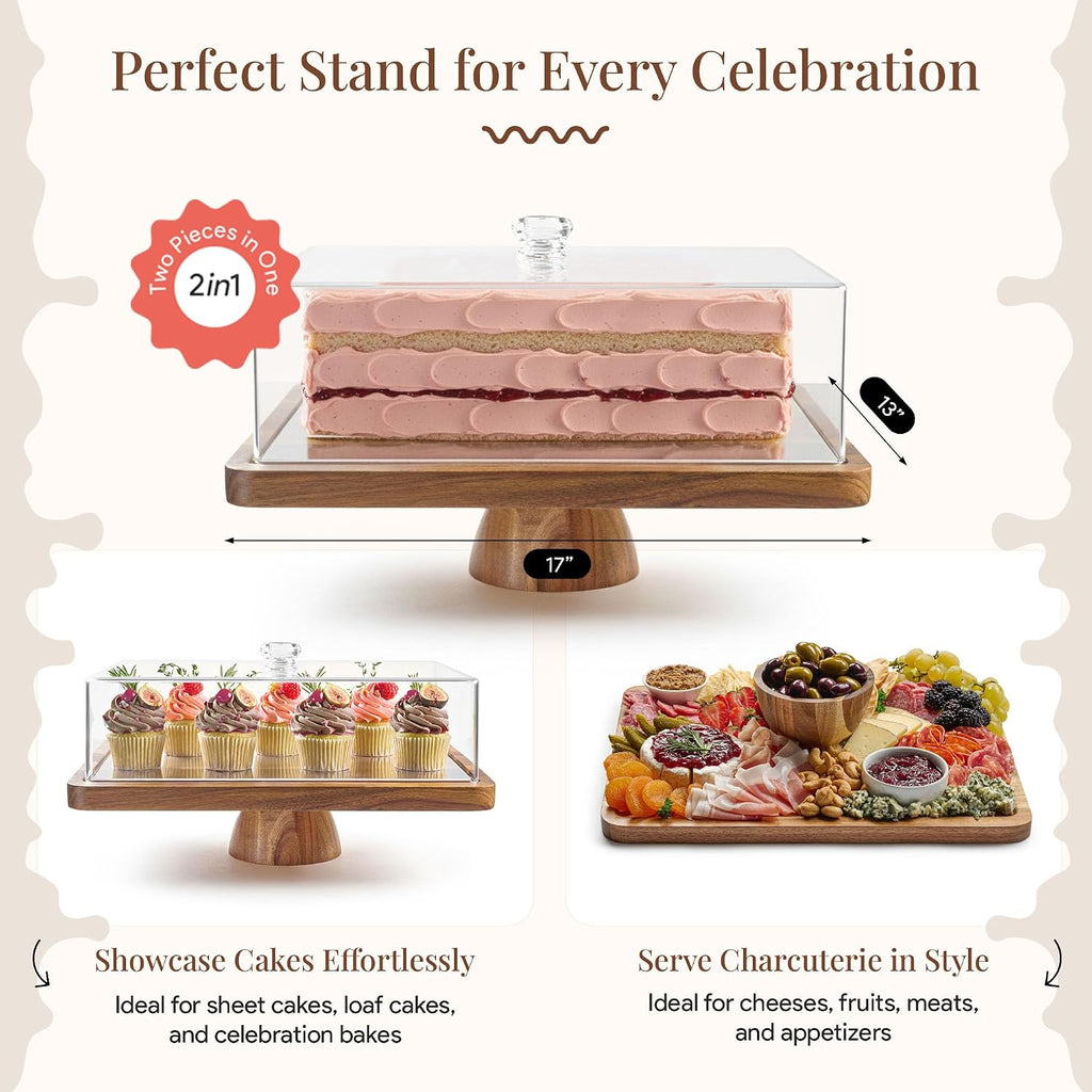 Acacia Wood Cake Stand with Lid, 2-in-1 Charcuterie Board, 17x13 | Rectangular Pastry Display Case & Charcuterie
