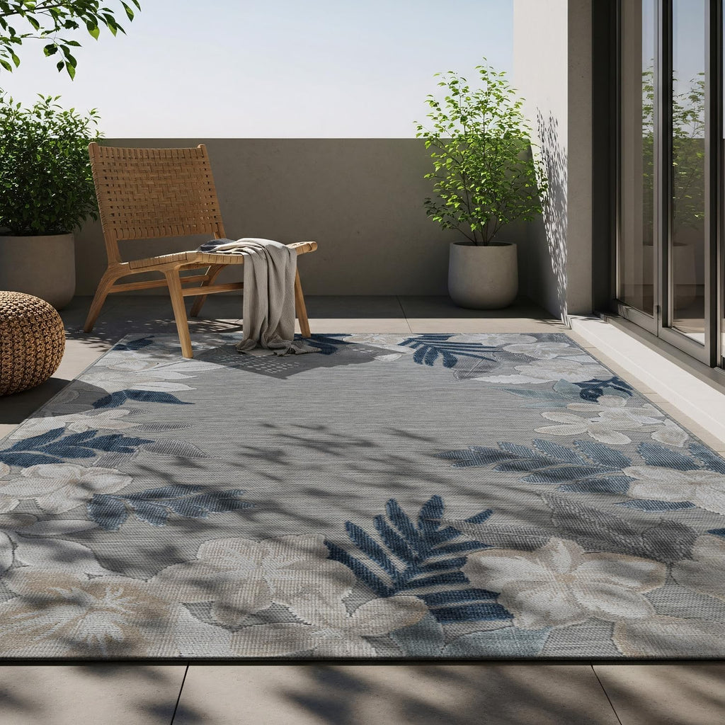 Outdoor Rug 5x7 Washable Area Rugs Indoor Outdoor Carpets Blue Border Floral Non Shedding Waterproof