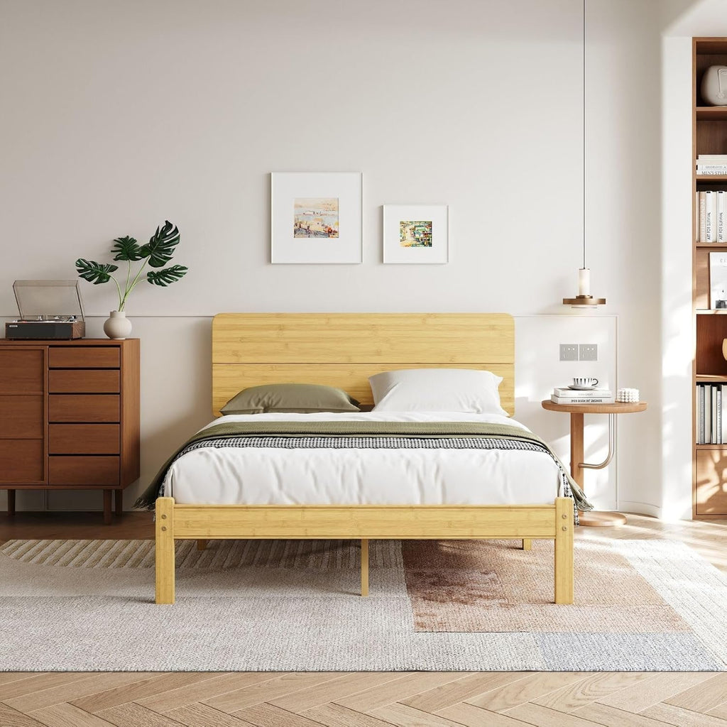 14 Inch Solid Bamboo Wood Queen Bed Frame with Headboard, Platform Bed Frame Queen with Metal Slats, No Box Spring