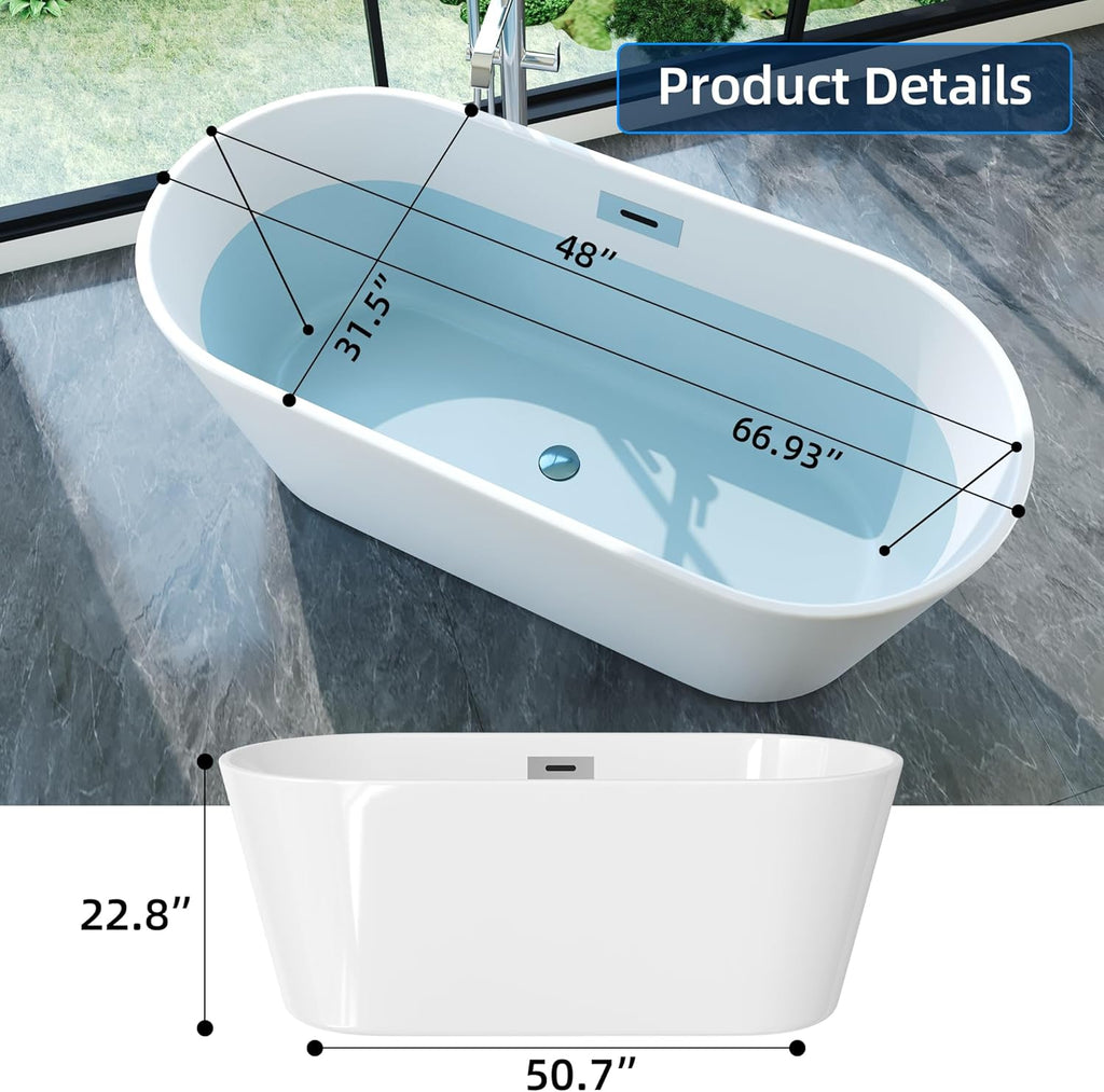 Acrylic Freestanding Bathtub, Deep Soaking Tub with Non-Slip Base, CUPC Certified Free Standing Tub, Chrome Drain