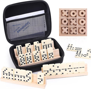 Dominoes and Tic Tac Toe Game Set, 28 Tiles Dominos with 4 Wooden Racks, Wood Tic Tac Toe Classic Board Games