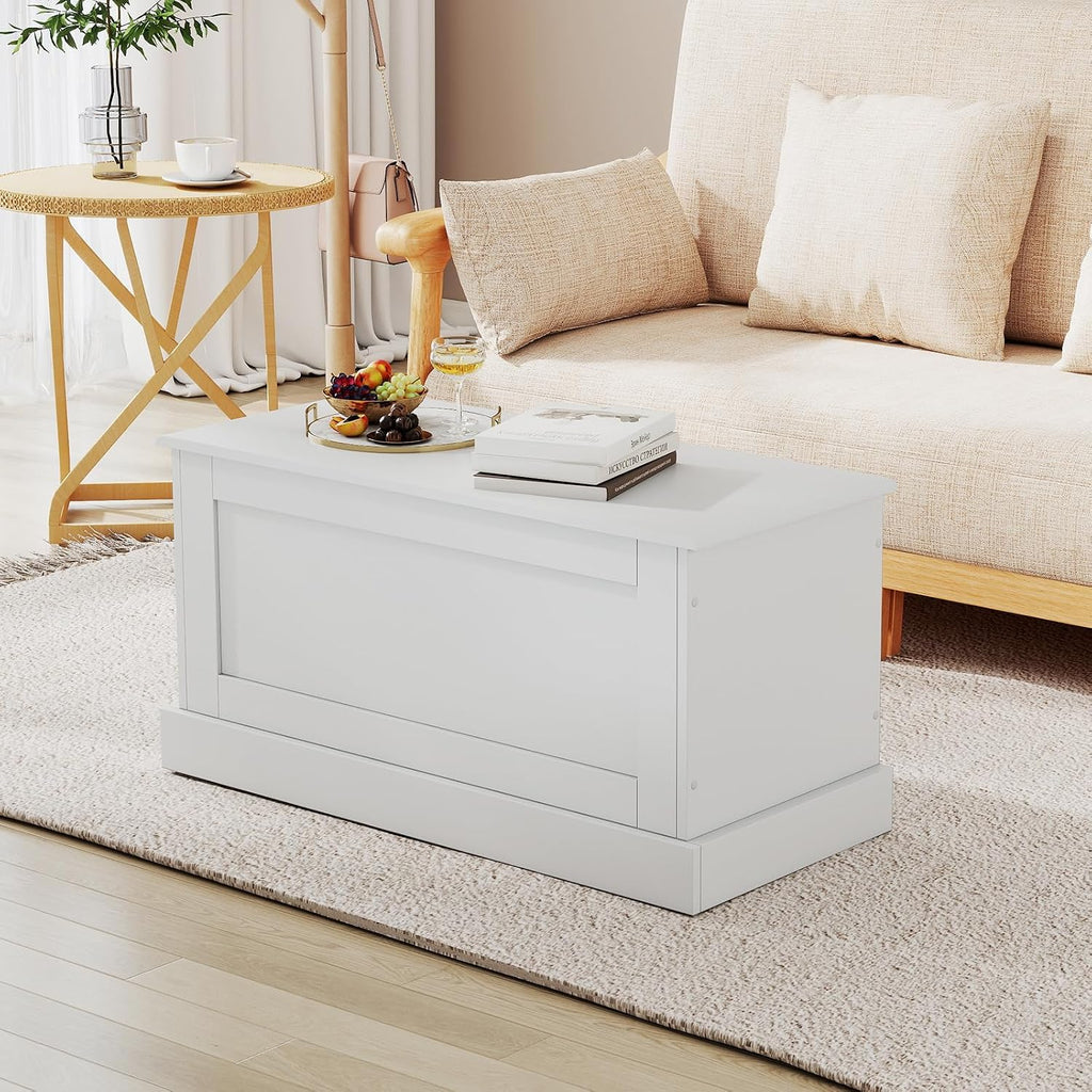 35.5-inch Wooden Storage Bench, Lift Top Storage Box (White) | Large Storage Chest | Farmhouse Storage Trunk | Metal