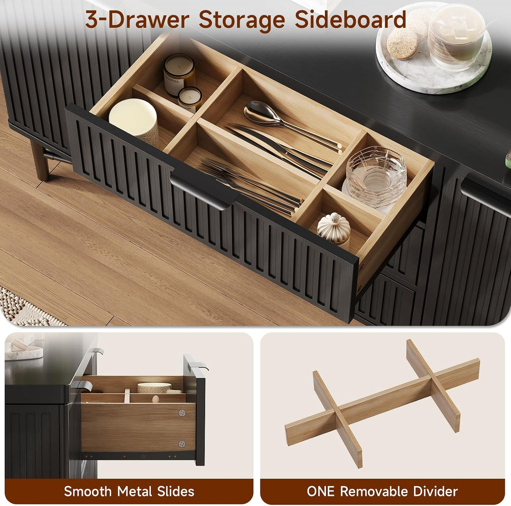 Kitchen Buffet Cabinet with Dual Door Shelves & 3 Drawers, Fluted Sideboard | Large Credenza Storage Cabinets Wood