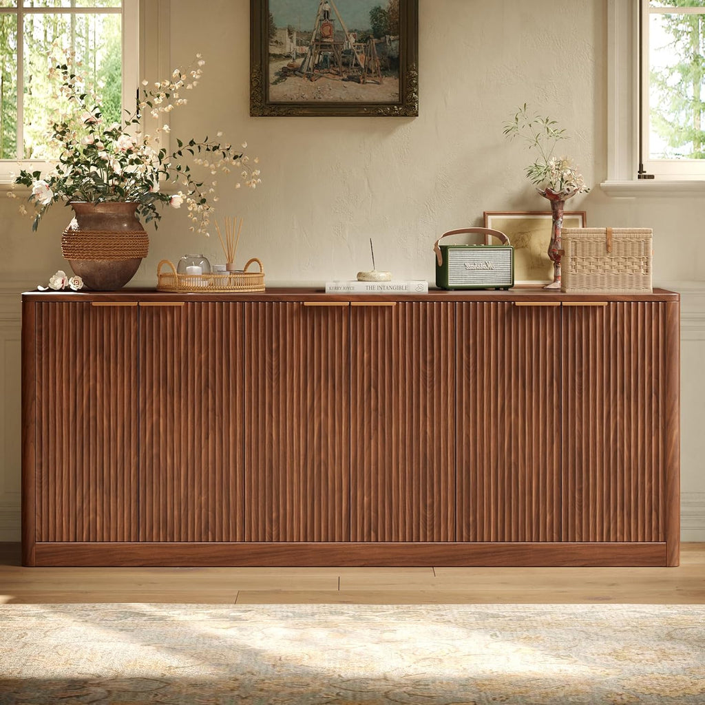 67" Fluted Walnut Buffet Cabinet Sideboard with Storage, Large Credenza with 6 Doors