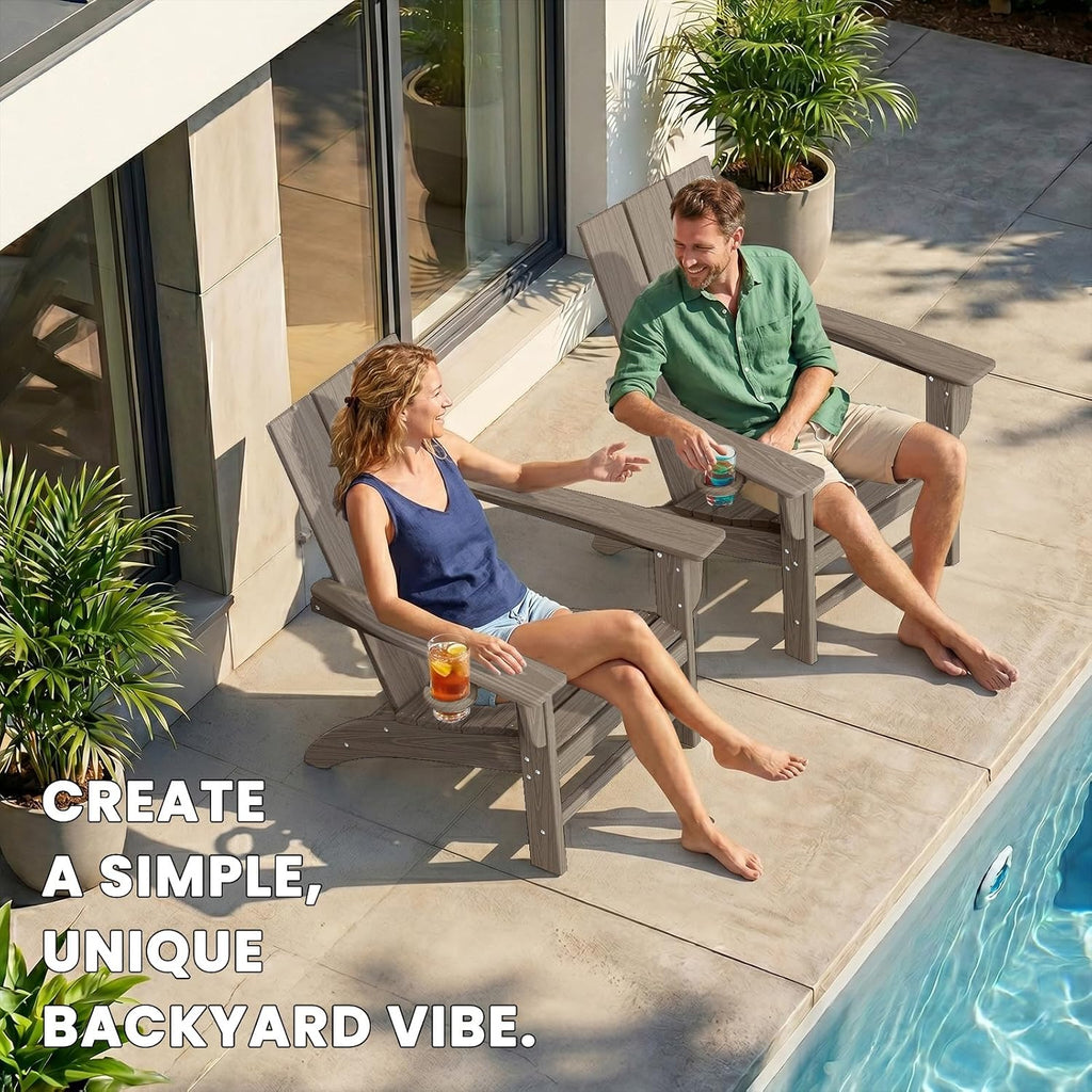 Modern Adirondack Chair with Cup Holder, HDPE Plastic Patio Chairs | Wood Texture Outdoor Chairs, Lawn Chairs for