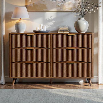 54" Wide Fluted 6 Drawer Dresser, Mid Century Modern Curved Dresser, Light Wood Chest of Drawers , Walnut