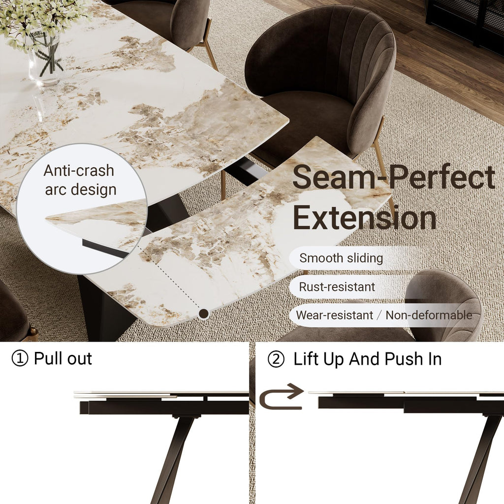 Sintered Stone Dining Table, Extendable Dining Table with Leaf, 65"-95" Rectangular Marble-Look Top, Seats 6-12