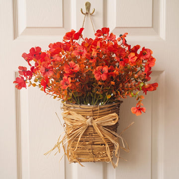 Fall Wreath Door Hanging Basket - Artificial Autumn Orange Flowers in Woven Rattan Basket with Raffia Bow, Rustic