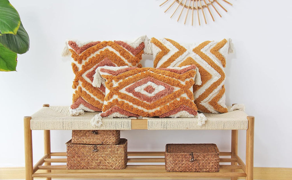 Boho Lumbar Throw Pillow Covers with Handmade Tassels Decorative Woven Tufted Orange Lumbar Pillowcase