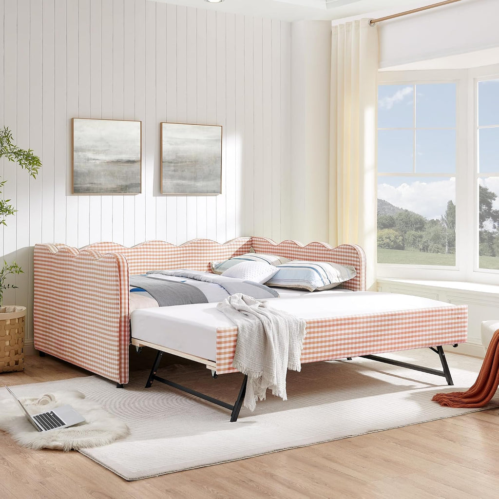 Full Size Upholstery Gingham Daybed with Trundle and USB, Pink | Full to King Design Adorable Wave Shaped Extendable
