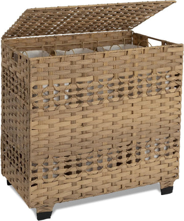 Laundry Hamper with Lid, 140L Clothes Hamper with 3 Removable Liner Bags, Foldable Basket with Lid, Synthetic Wicker