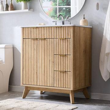 30" Fluted Bathroom Vanity with Ceramic Sink Combo, Freestanding Modern Bathroom Storage Vanity Cabinet with 2 Soft Closing Doors & 3 Drawers, Wood Grain Texture, Metal Handle, Natural Oak