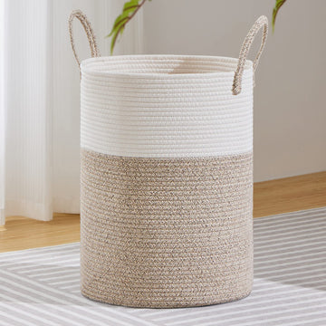 100L Extra Large Woven Laundry Basket Hamper, White Brown