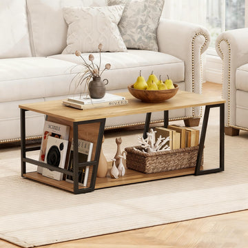 Modern Coffee Table with Storage, 2-Tier Wood Center Table, Oak